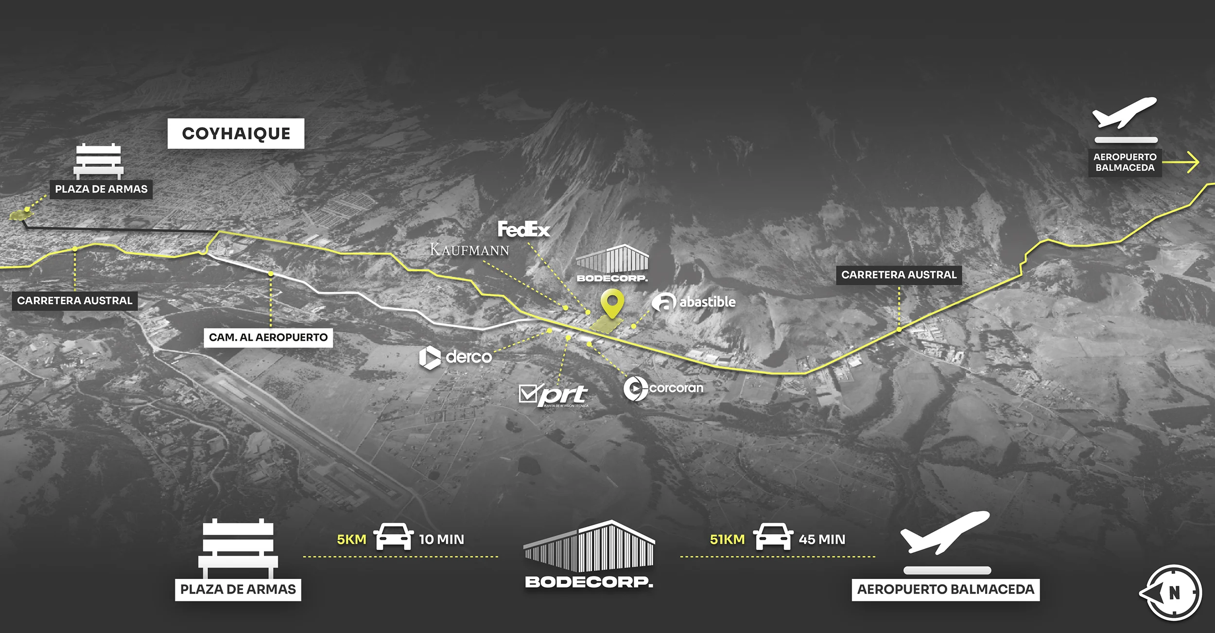 Mapa que muestra la ubicación estratégica de BODECORP entre Coyhaique y el Aeropuerto Balmaceda, con distancias y tiempos de viaje.