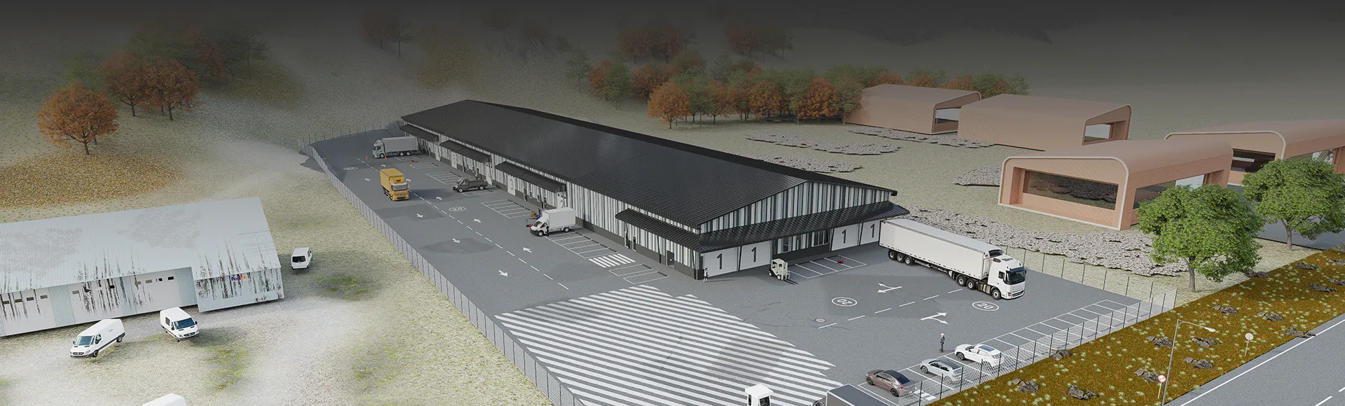 Vista aérea del complejo de bodegas BODECORP en Coyhaique con un camión de gran tonelaje en el patio.