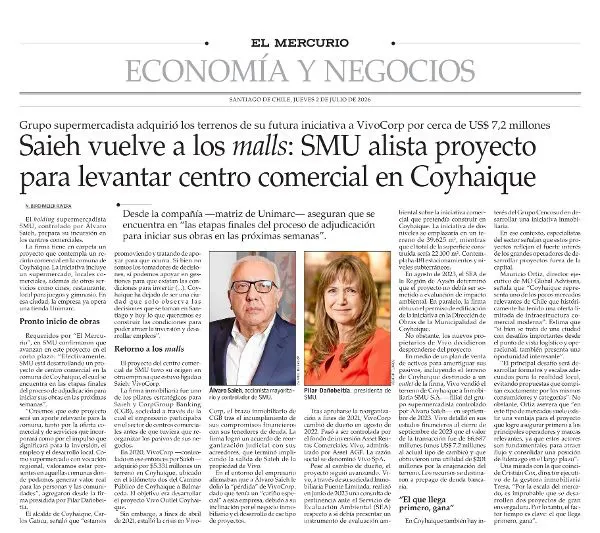 Recorte de prensa de El Mercurio sobre el proyecto de centro comercial de SMU en Coyhaique.